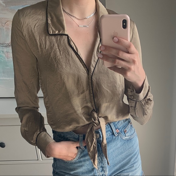 Aritzia Brown Wilfred Tie Front Blouse - Picture 2 of 5